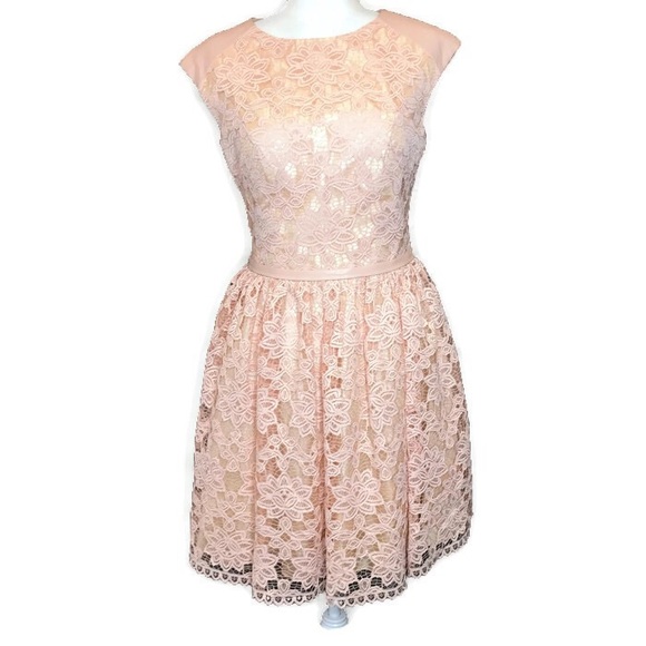 ⭐️Jovani JA99096 Blush Lace and Faux Leather Dress - Picture 2 of 6